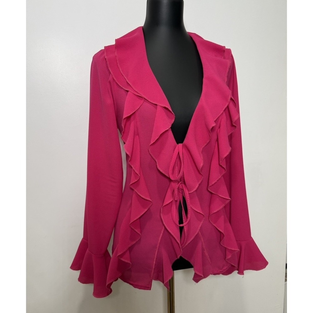 Boohoo BLOUSE PINK BELL SLEEVE POLYESTER RUFFLE NECK SIZE 14